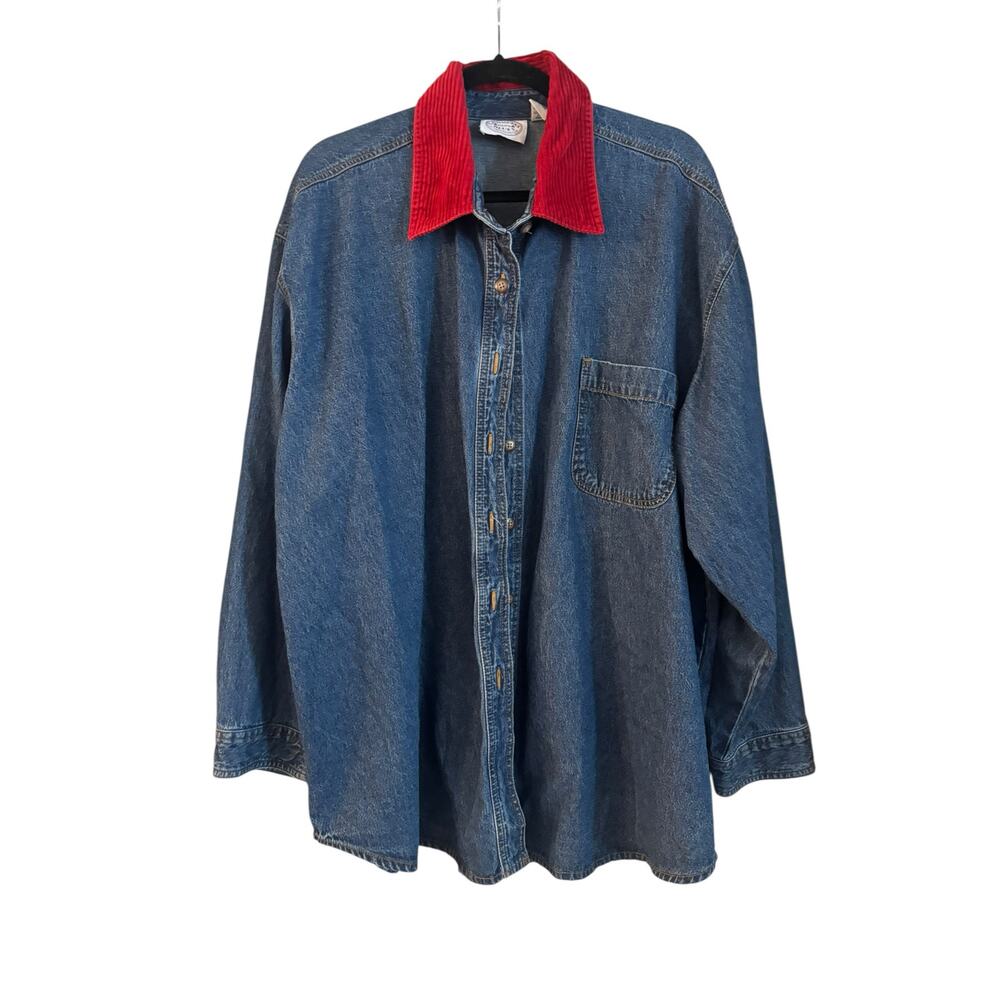 Vintage Carolina Blues Women's Red Corduroy Collar Elbow Patch Denim Shirt 26W